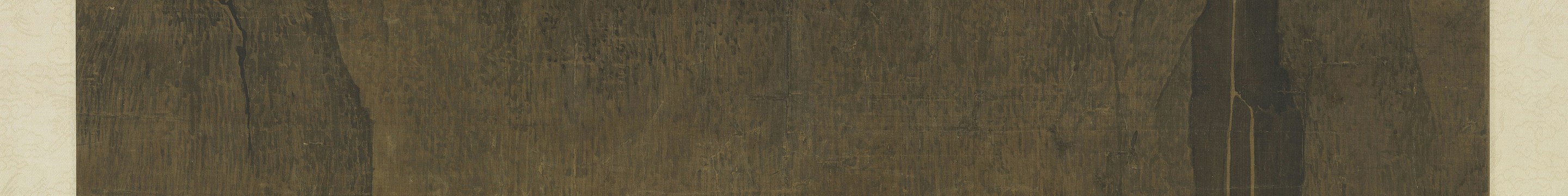 《溪山行旅图》巍峨主峰、飞瀑与山下行旅局部